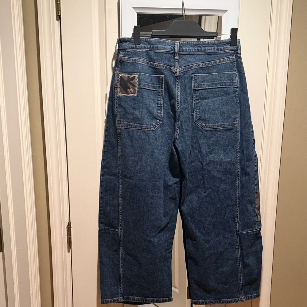 NWT Anthropologie Pilcro Kenna Mid Rise Heritage  Blue Camo Patch Barrel Jeans - Picture 11 of 13